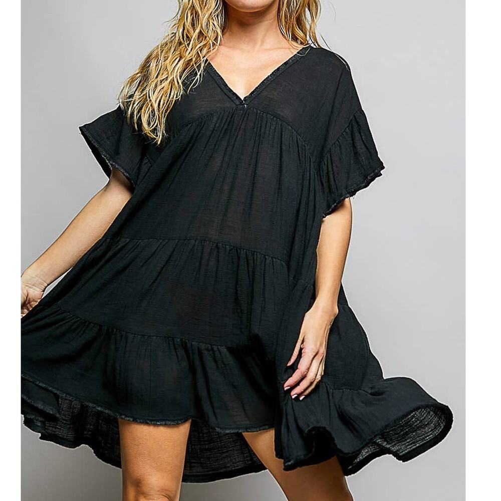 V-Neck Ruffle Shirring Cotton Dress | Short Sleeve Everyday Dress